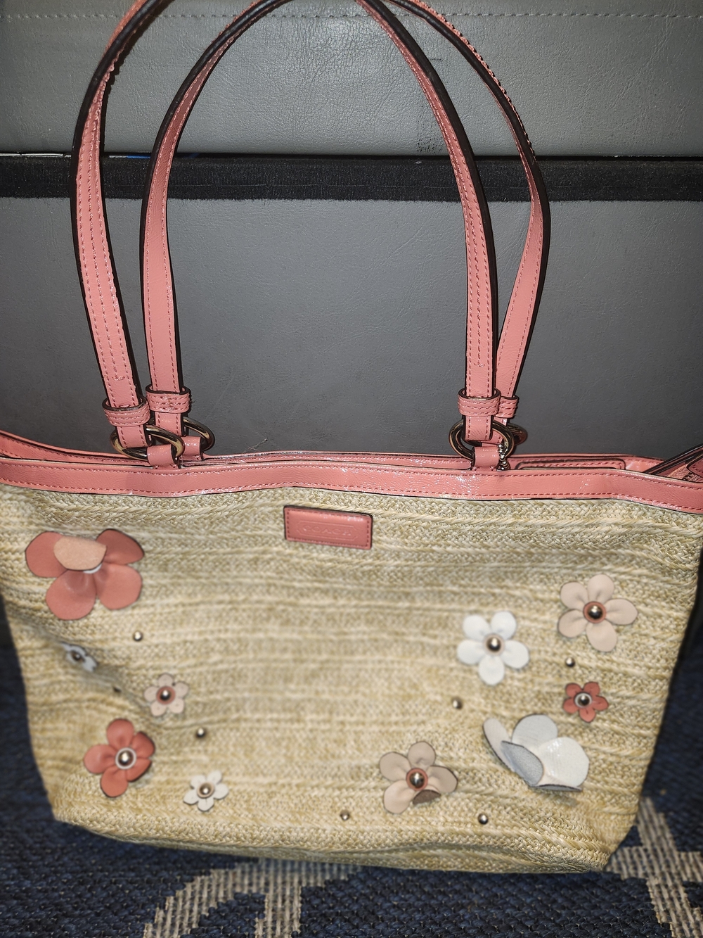 Coach Straw Tote Handbag with Pink Trim and Floral Accents